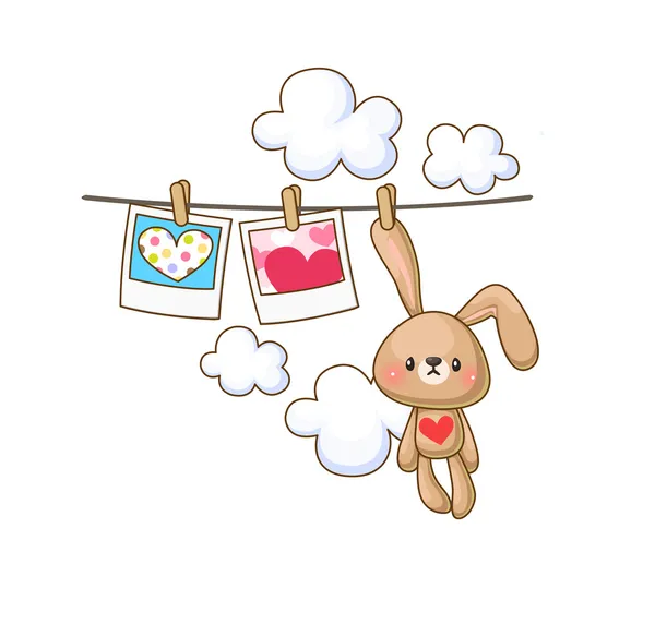 Bunny on the clothesline and photos with hearts — Stock Vector