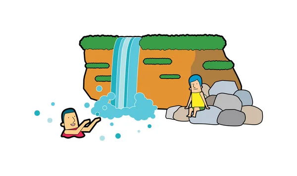 People swim under a waterfall — Stock Vector