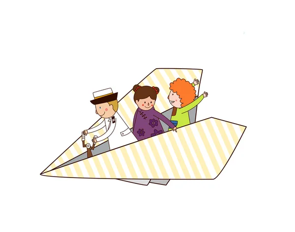 People are flying on a paper airplane — Stock Vector