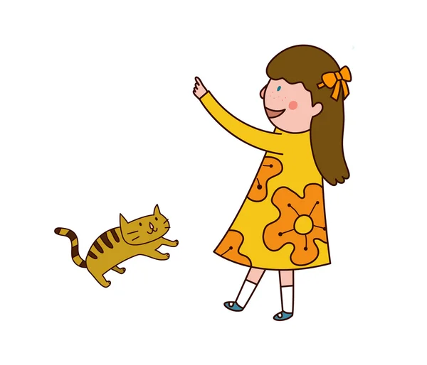 Chica jugar con gato — Vector de stock
