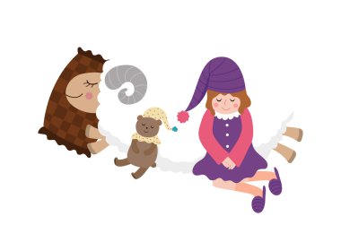 kız ve koyunlar üzerinde uyuyan ayı