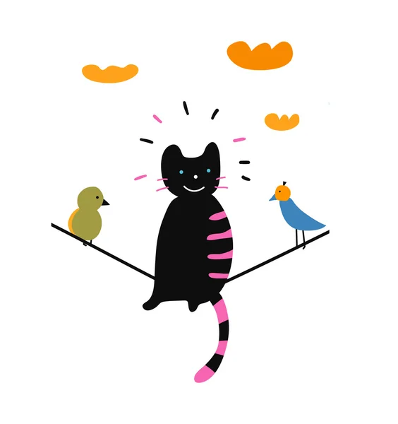 Happy cat with birds — Stock Vector