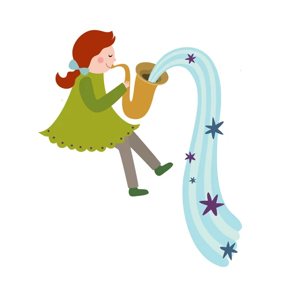 Girl playing on the magic saxophone — Stock Vector
