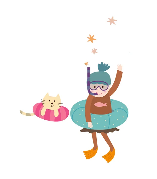 Grand-mère et chat à Lifebuoy — Image vectorielle