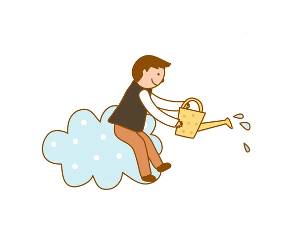 Um tipo com uma lata de água numa nuvem — Vetor de Stock