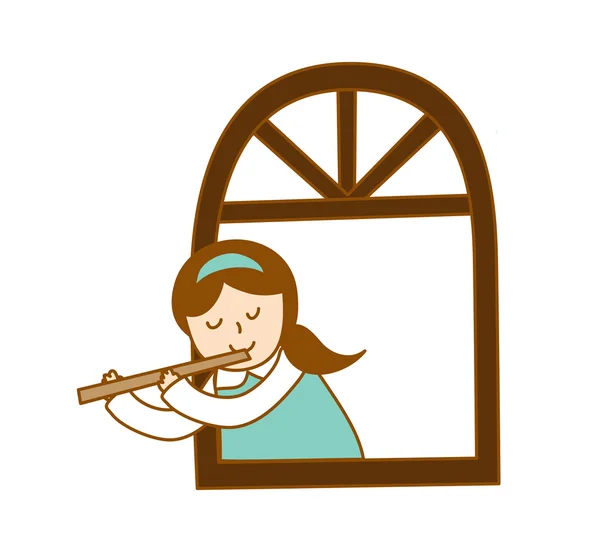 Chica tocando la flauta en la ventana — Vector de stock