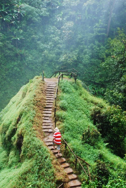 Hombre caminando en la pendiente verde de la colina — Foto de Stock