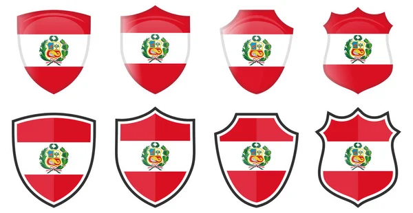 Bandeira Vertical Peru Forma Escudo Quatro Versões Simples Ícone Sinal — Vetor de Stock