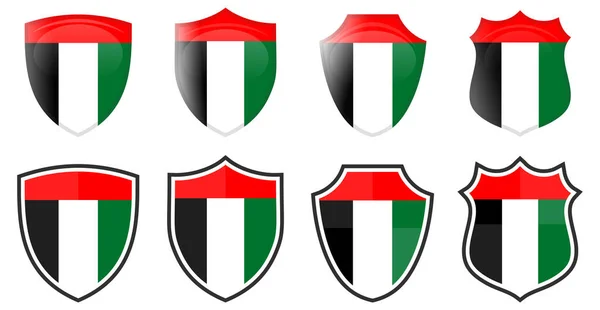 Bandiera Verticale Uae Forma Scudo Quattro Versioni Semplici Emirati Arabi — Vettoriale Stock