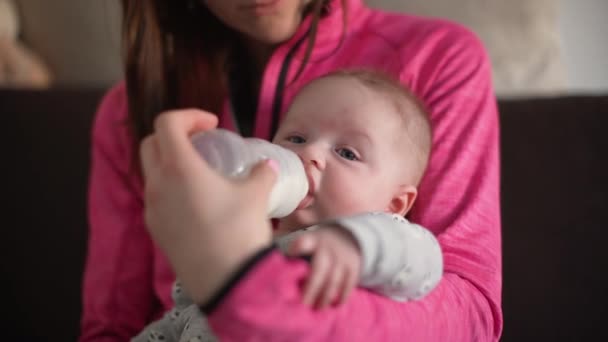 Madre che nutre il suo bambino dalla bottiglia di latte, tenendolo in mano — Video Stock