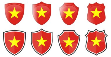 Kalkan şeklinde dikey Vietnam bayrağı, dört tane 3 boyutlu ve basit versiyonu. Vietnam simgesi / işareti