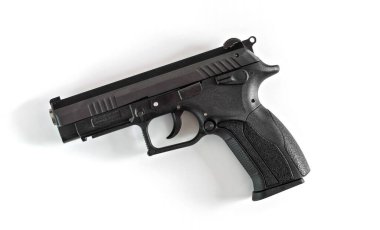 Basit modern siyah metal silah beyaz arka planda izole, yukarıdan görünüm