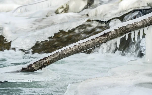 Zimní řeka tekoucí u sněhu a ledu pokryté kameny a malý padlý strom s rampouchem, detailní záběr — Stock fotografie