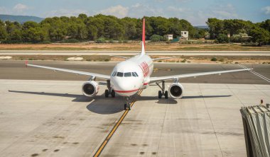 Palma, Spain - September 25, 2019: Lauda Airbus aircraft waits at Mallorca airport ready for departure. Laudamotion was Austrian lowcost airline