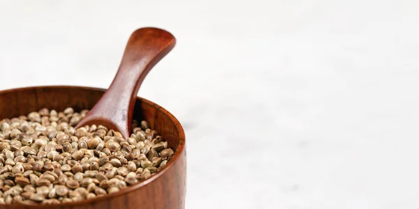 Unpeeled Hemp Cannabis Sativa Small Dark Wooden Cup Spoon Space — ストック写真