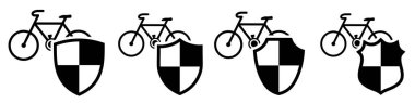 Bike icon behind shield, different versions. Bicycle protection or security concept