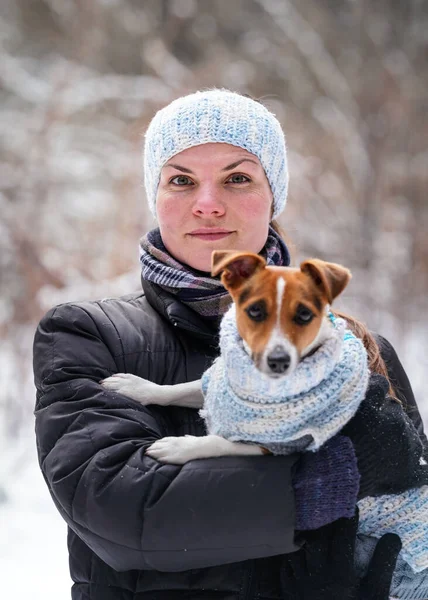 Молодая Женщина Зимней Куртке Собакой Терьером Джеком Расселом Тёплой Зимней — стоковое фото