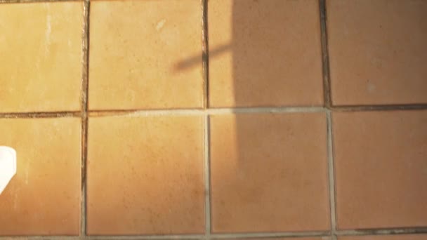 Looking Brown Tiled Floor Sun Shines Person Walks Swimming Pool — Stockvideo