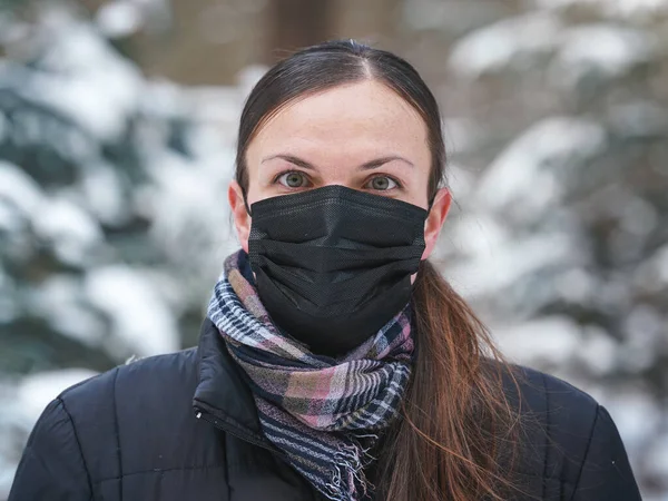 Young Woman Winter Jacket Black Disposable Single Use Face Virus — Zdjęcie stockowe