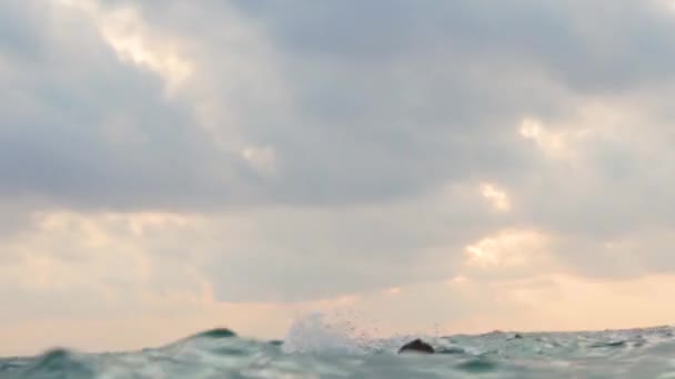 Young Woman Goggles Swimming Surrounded Sea Closeup Detail Morning Sky — Stok video