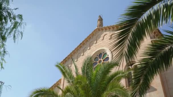 望着卡梅尔山夫人的小法令 望着基督山港罗马天主教教堂顶上的圆形窗户 棕榈树的叶子缓风摇曳着 — 图库视频影像