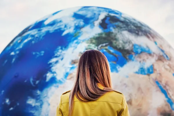 Young Woman Standing Front Large Inflatable Model Planet Earth Detail — Stock fotografie