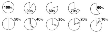 Percentage illustration - circle pie parts from one tenth to whole. Fractions portion concept