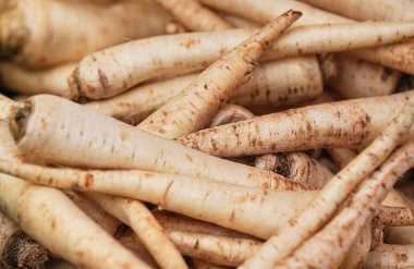 Beyaz yaban havucu ya da maydanoz kökleri sokak gıda pazarında sergilenir, yakın plan detayı