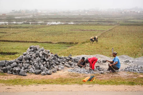 Antananarivo Madagascar Mai 2019 Bărbat Malagasy Necunoscut Copiii Săi Lucrând — Fotografie, imagine de stoc