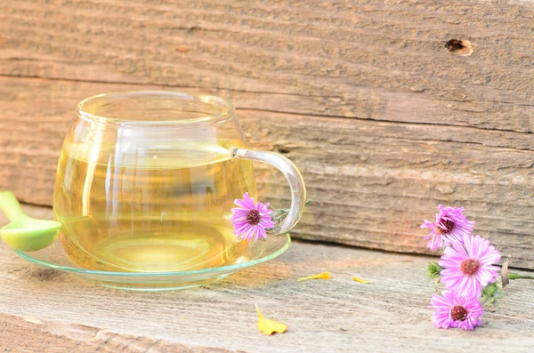 Tea cup with different flowers on wood — Stock Photo, Image
