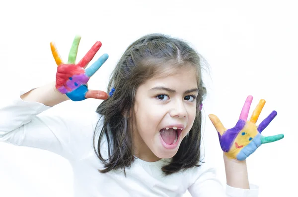 Ragazza urlando con le mani colorate — Foto Stock