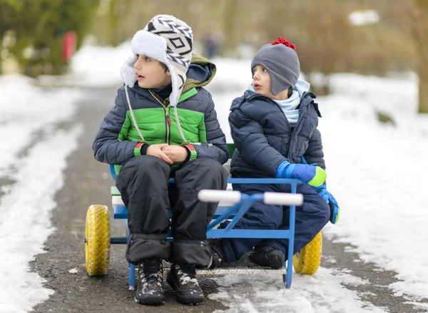 Roliga Barn Vagn Med Park Turné Ser Nyfiken Vinter Tid — Stockfoto