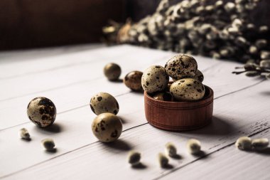 Çiğ çiftlik bıldırcın yumurtaları ve söğüt dalları beyaz bir masada, paskalya yumurtaları. Yemek pişirmeye hazırlık kavramı. seçici odak