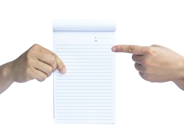 Homem segurando um caderno em branco na mão — Fotografia de Stock