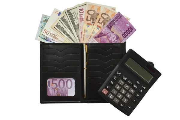 dolar ve Euro, hesap makinesi, kalem ile siyah çanta
