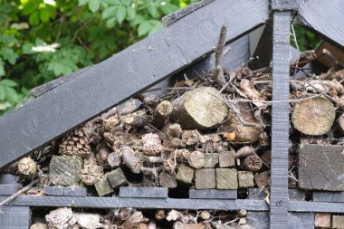 Böcek evi yakın plan, seçici odaklanma. İngiliz bahçesindeki böcek oteli. İngiltere 'de doğal malzemelerden yapılmış ahşap dantelli ev. DIY el yapımı proje