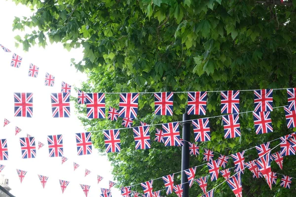 British Flags Hanging Streets London Union Jack Flag Triangular Decoration — Stock Photo, Image