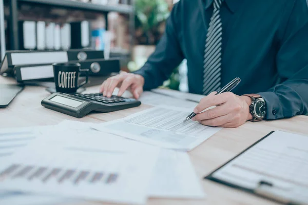 Scrittura Contabile Controllo Lavoro Dati Aziendali Documenti Report Calcolatrice Calcolare — Foto Stock