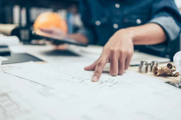 Architect Engineer Use Pen Drawing Design Finger Point Check Planning — Fotografia de Stock