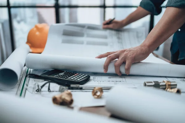Engineering Working Drawings Inspection Office Desk Calculator Triangle Ruler Safety — Stockfoto