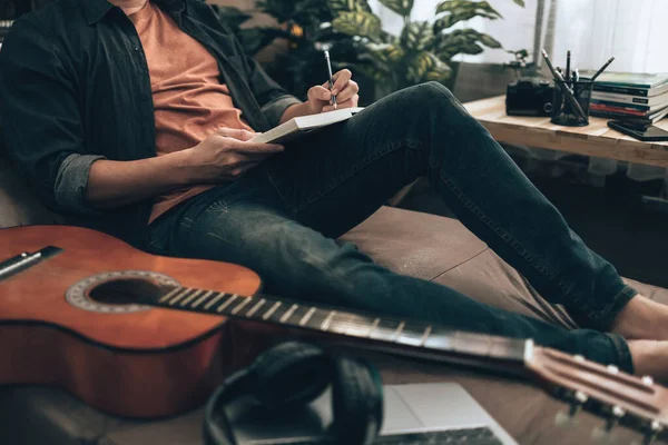 Young Man Relax Playing Guitar While Sitting Sofa Bed Living — Photo