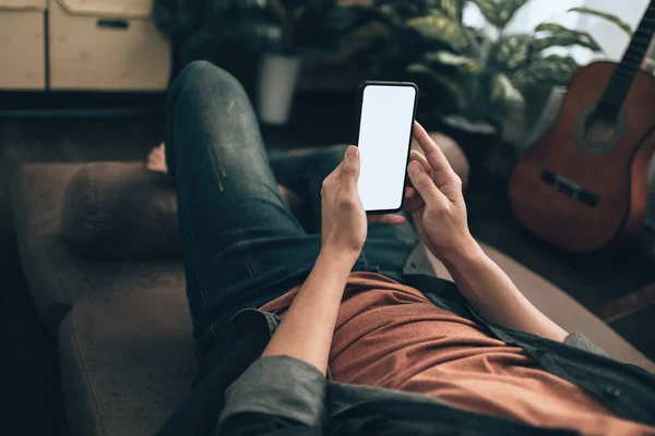 Men Hand Holding Texting Using Mobile Phone Blank Screen Sofa — Stock Fotó