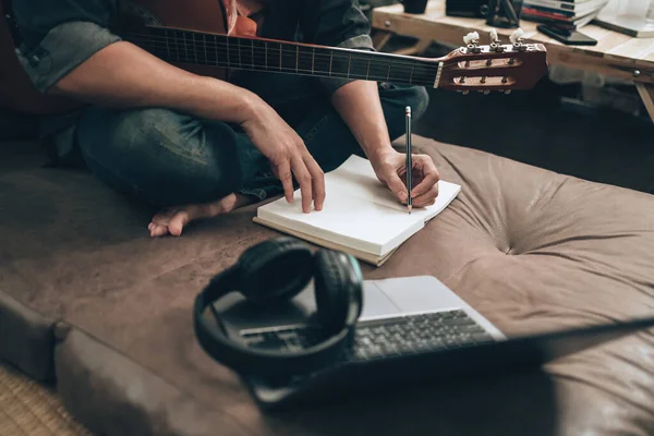 Young Man Relax Playing Guitar While Sitting Sofa Bed Living — Stockfoto