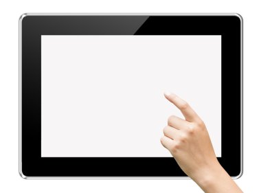 Holding ve tablet PC üzerinde beyaz backgr izole dokunmadan eller