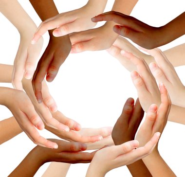 Conceptual symbol of multiracial human hands making a circle on clipart