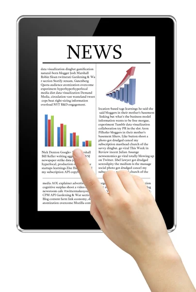 Hands are holding electronic tablet with news. Isolated on white — Stock Photo, Image