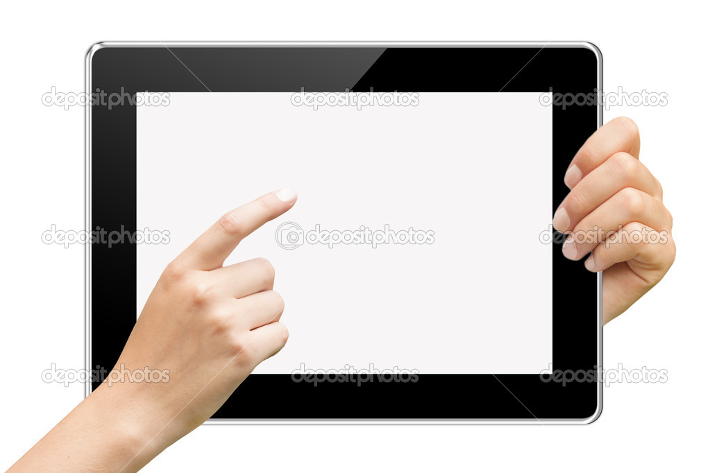 hands holding and touching on tablet pc isolated on white backgr