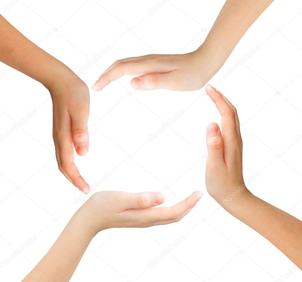 Conceptual symbol of multiracial human hands making a circle on