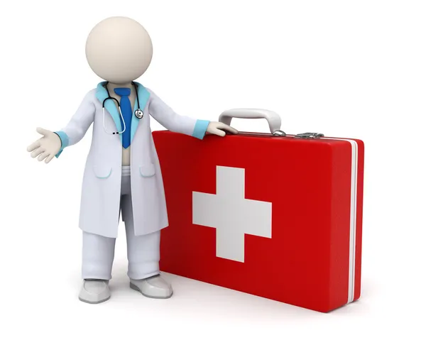 3d doctor and big red first aid case with cross — Stock Photo, Image