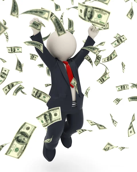 3d business man jumping for victory - money rain — Stock Photo, Image